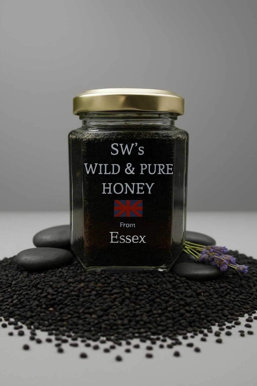 SW's Wild & Pure Honey from Essex - 227g + added ground nigella seeds Cold Filtered Unprocessed Natural Product