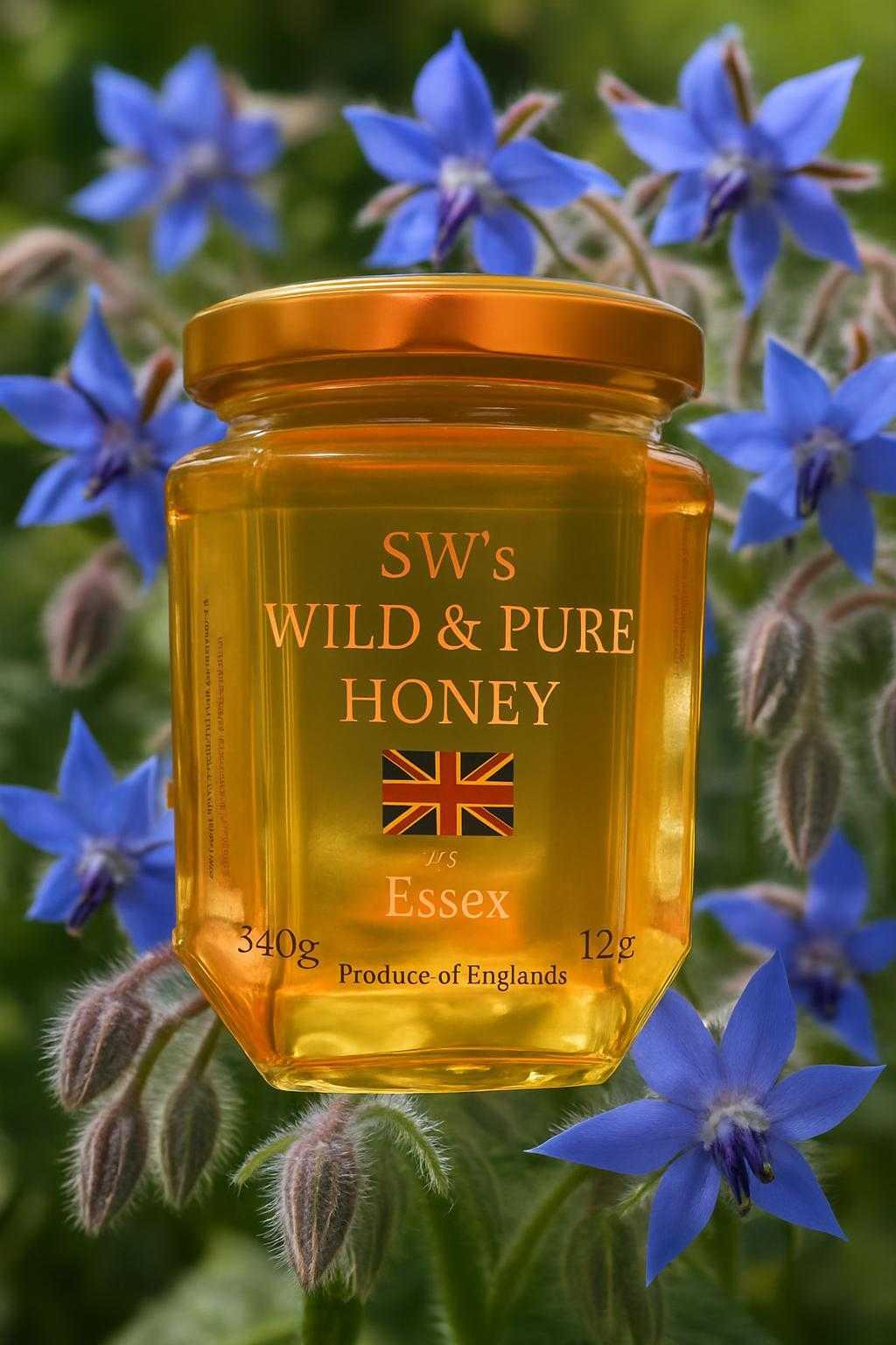 SW's Wild & Pure Honey August 2025 Borage Honey from My Own Essex Bee Hives 340g Natural Product of England Cold Filtered Unprocessed Goodness