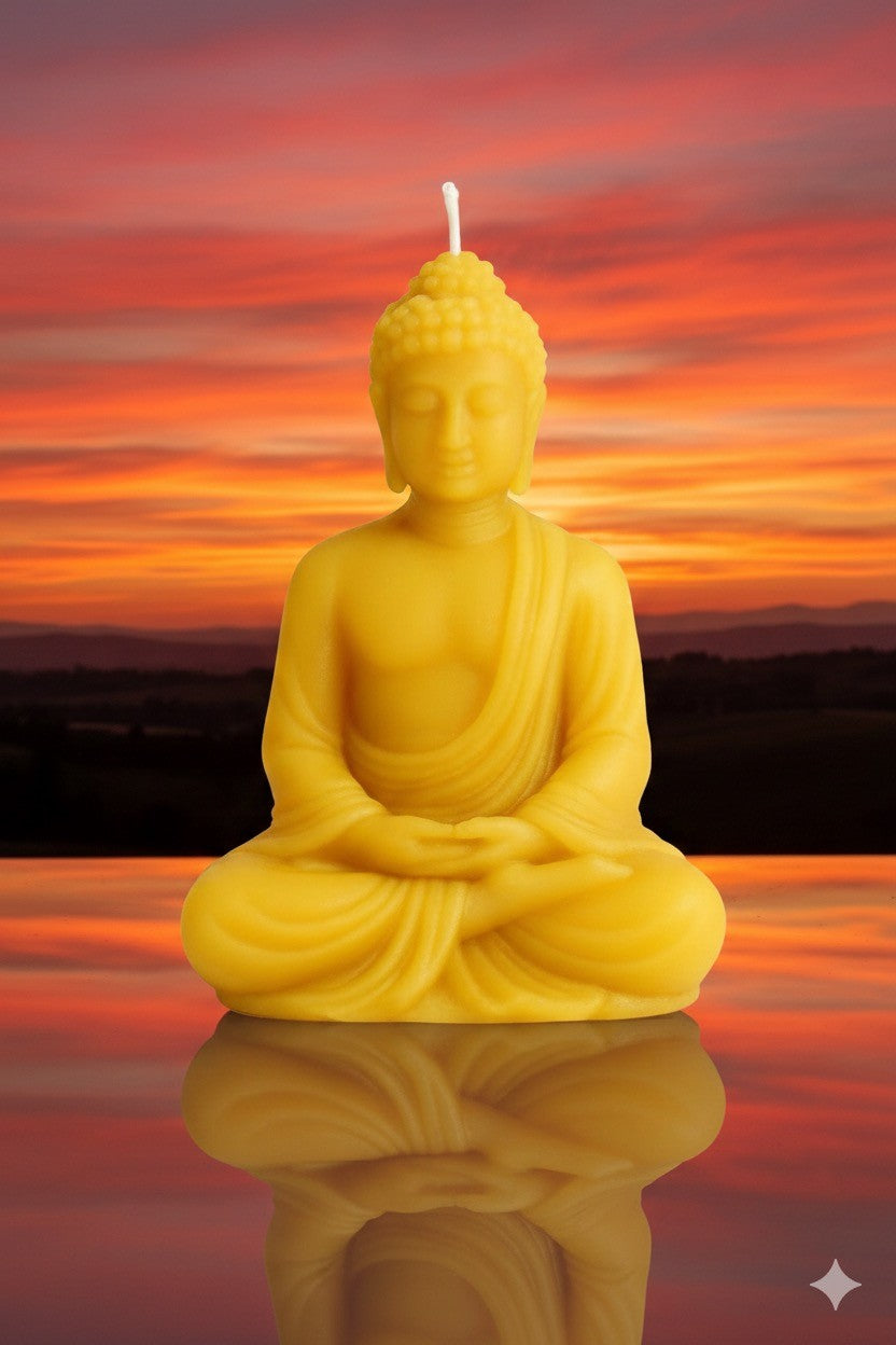 Natural British Beeswax Buddha Candle - Lightly Scented with essential lemongrass oil Home Decor - approximately 140grams size H12cm x W9cm