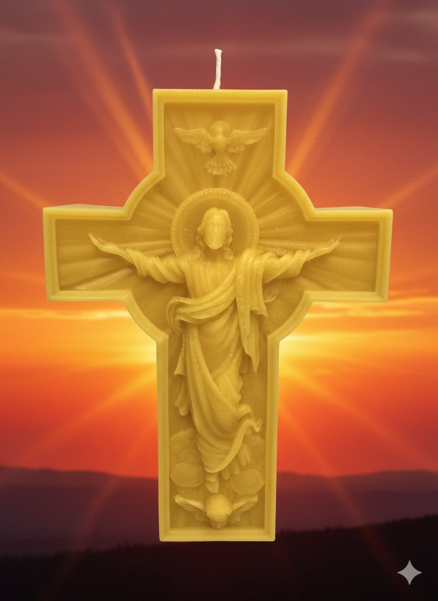 Natural British Beeswax Large Cross Crucifix Candle Hand Poured  & Lightly Scented 250g Home Decor H15.5cm x W11cm Pure Raw Beeswax from Essex