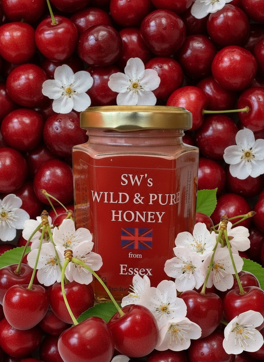 SW's Wild & Pure Honey from Essex - 227g Cherry Infused Cold Filtered Unprocessed Natural Product - Perfect for Ice Cream & Fruits
