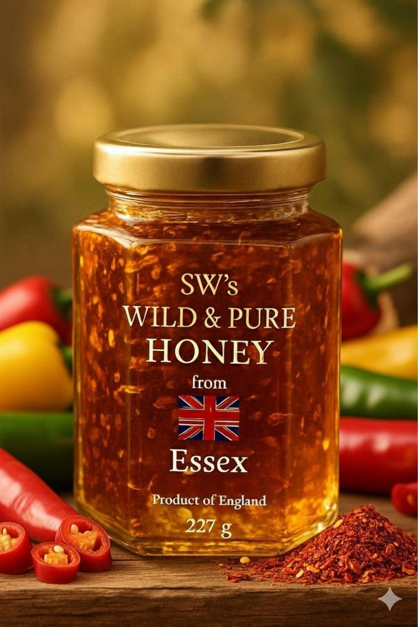 SW's Wild & Pure Honey from Essex - 227g + added chilli flakes Cold Filtered Unprocessed Natural Product