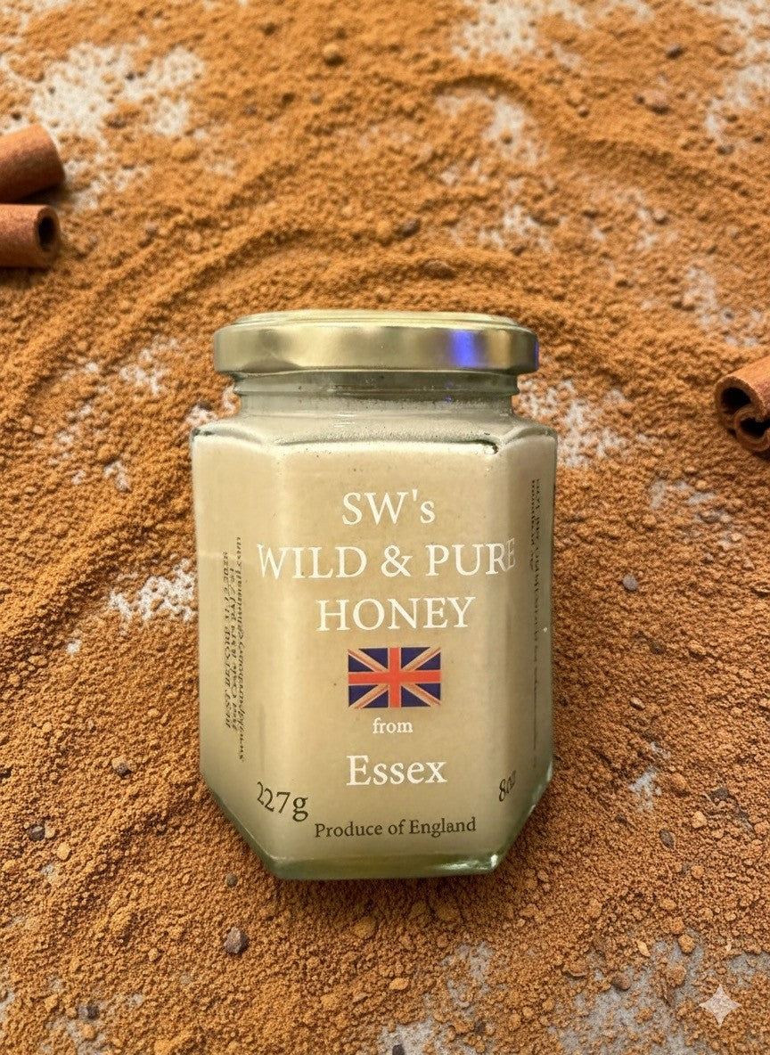 SW's Wild & Pure Honey from Essex - 227g + added cinnamon Cold Filtered Unprocessed Natural Product - Perfect over porrige