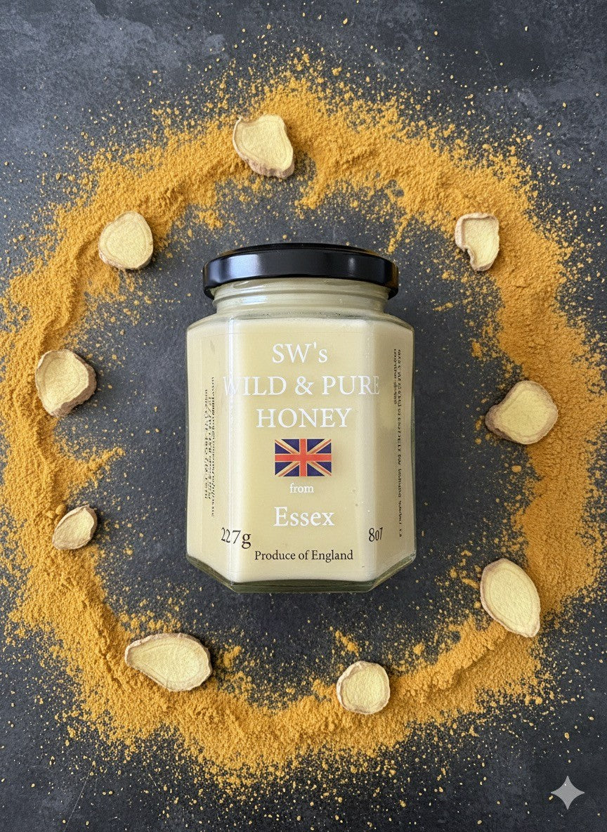 SW's Wild & Pure Honey from Essex - 227g + added Ginger Cold Filtered Unprocessed Natural Product - Perfect for  a daily boost