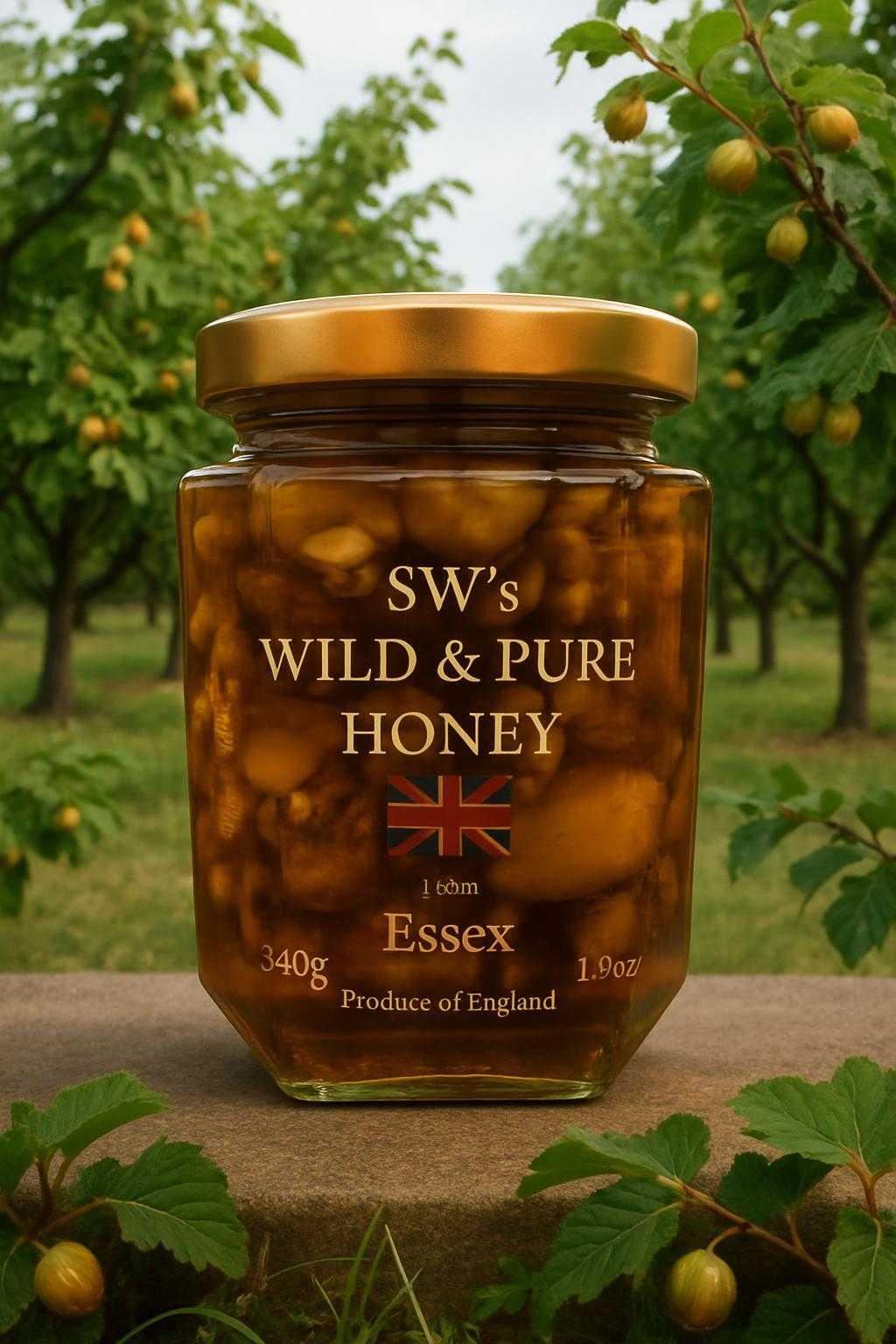 SW's Wild & Pure Honey August 2025 Summer Honey with mixed salted nuts from My Own Essex Bee Hives 340g Natural Product of England Cold Filtered Unprocessed Goodness