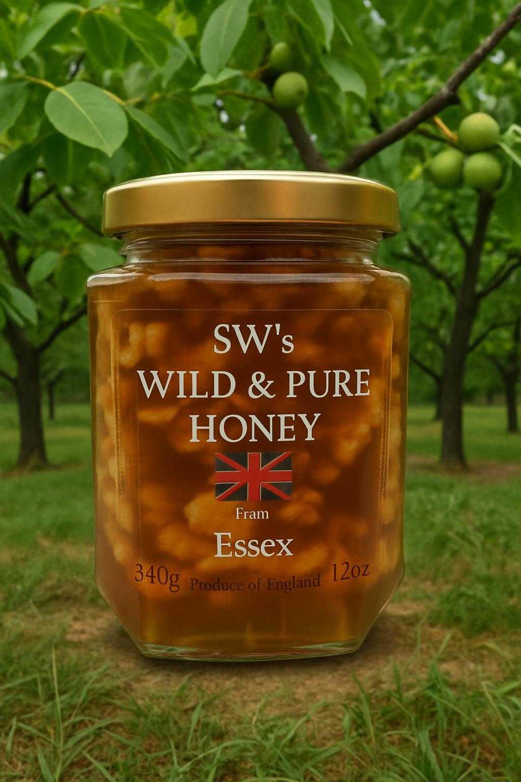 SW's Wild & Pure Honey August 2025 Summer Honey with walnuts & chilli  from My Own Essex Bee Hives 340g Natural Product of England Cold Filtered Unprocessed Goodness