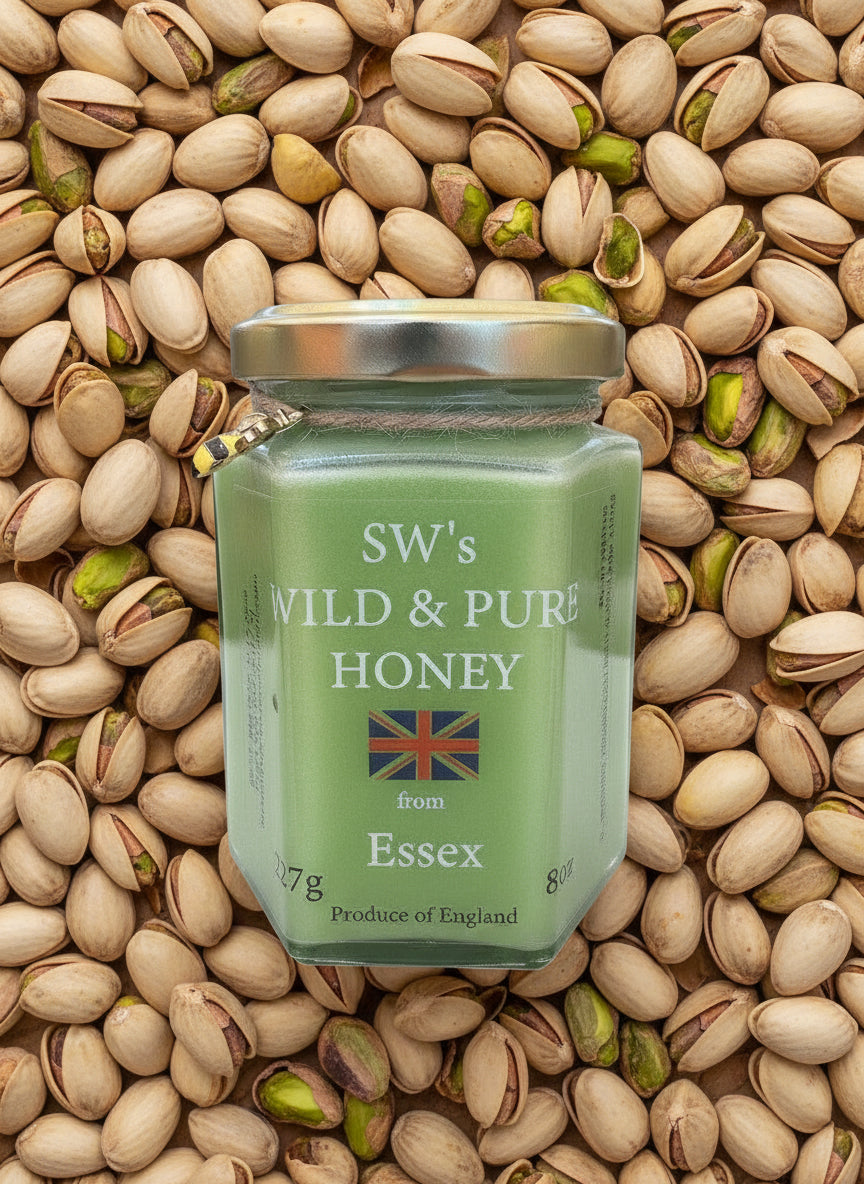 SW's Wild & Pure Honey from Essex - 227g Pistachio Infused Cold Filtered Unprocessed Natural Product - Perfect for Ice Cream & Fruits