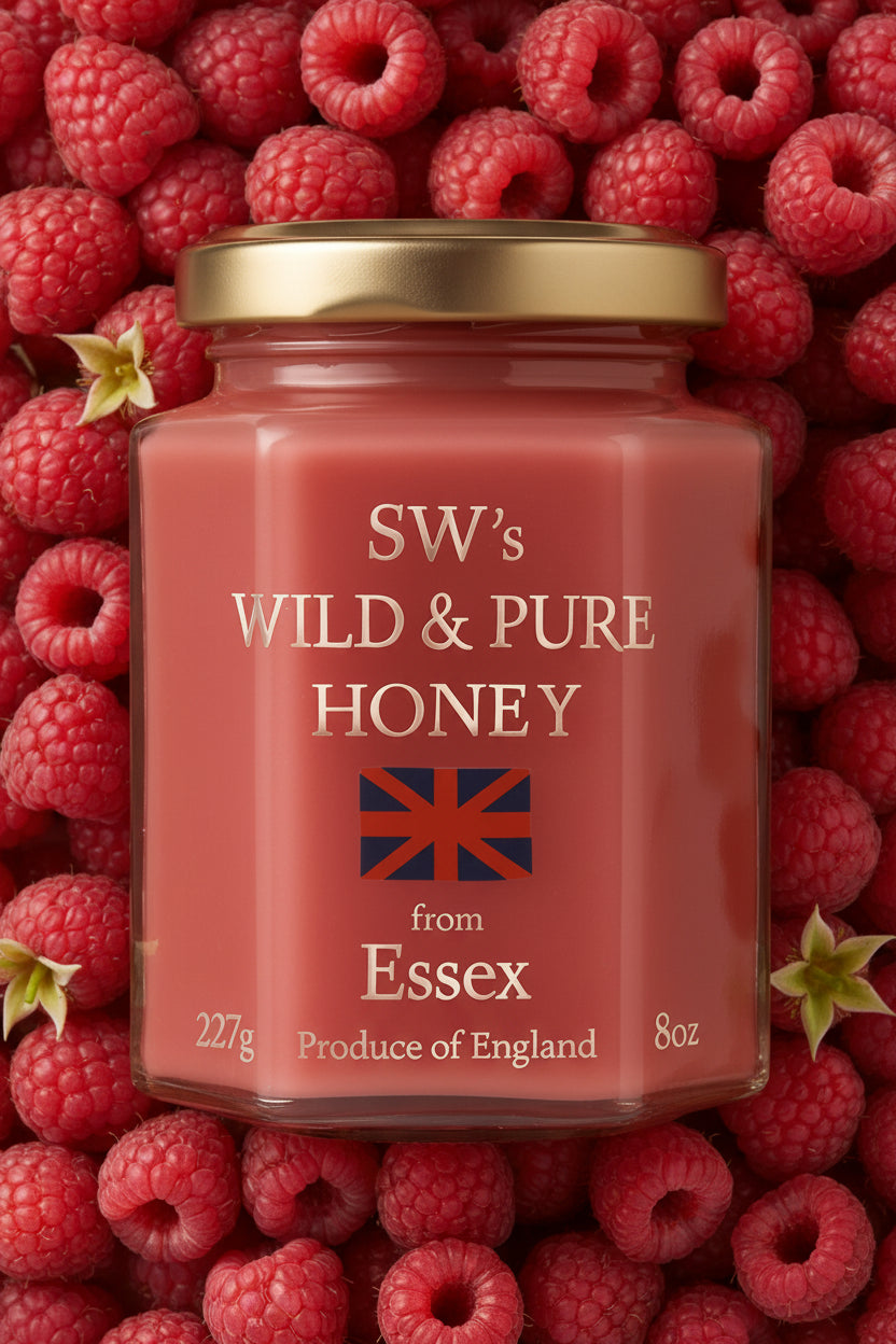 SW's Wild & Pure Honey from Essex - 227g Raspberry Infused Cold Filtered Unprocessed Natural Product - Perfect for Ice Cream & Fruits