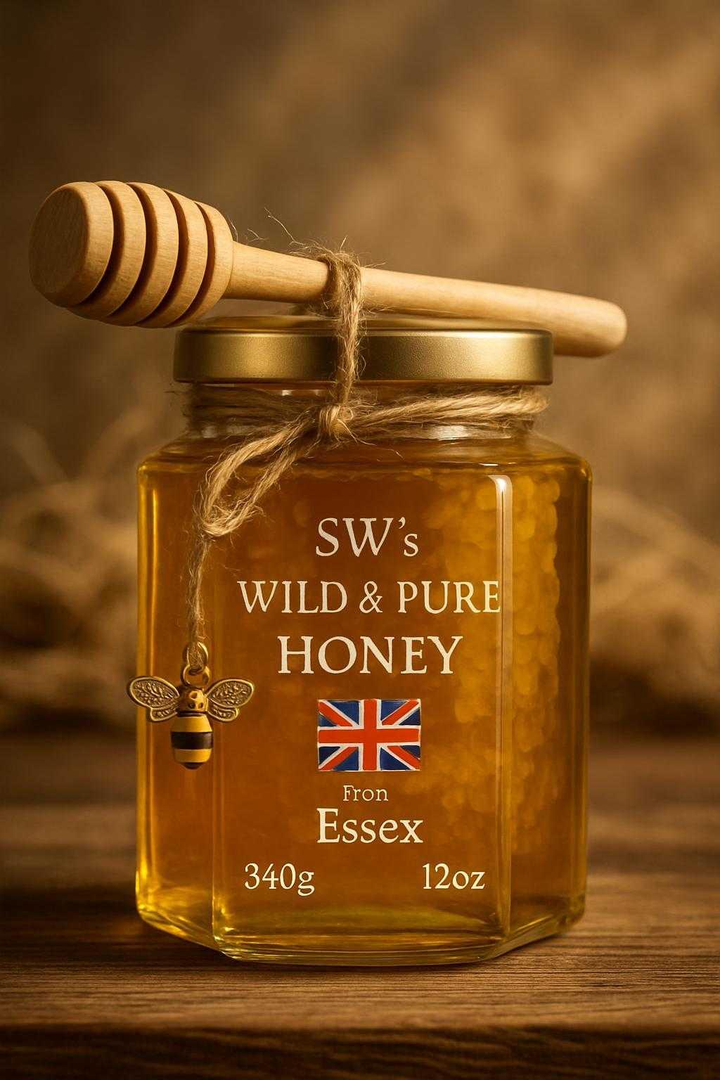 SW's Wild & Pure Honey August 2025 Summer Honey with comb chunk from My Own Essex Bee Hives 340g Natural Product of England Cold Filtered Unprocessed Goodness