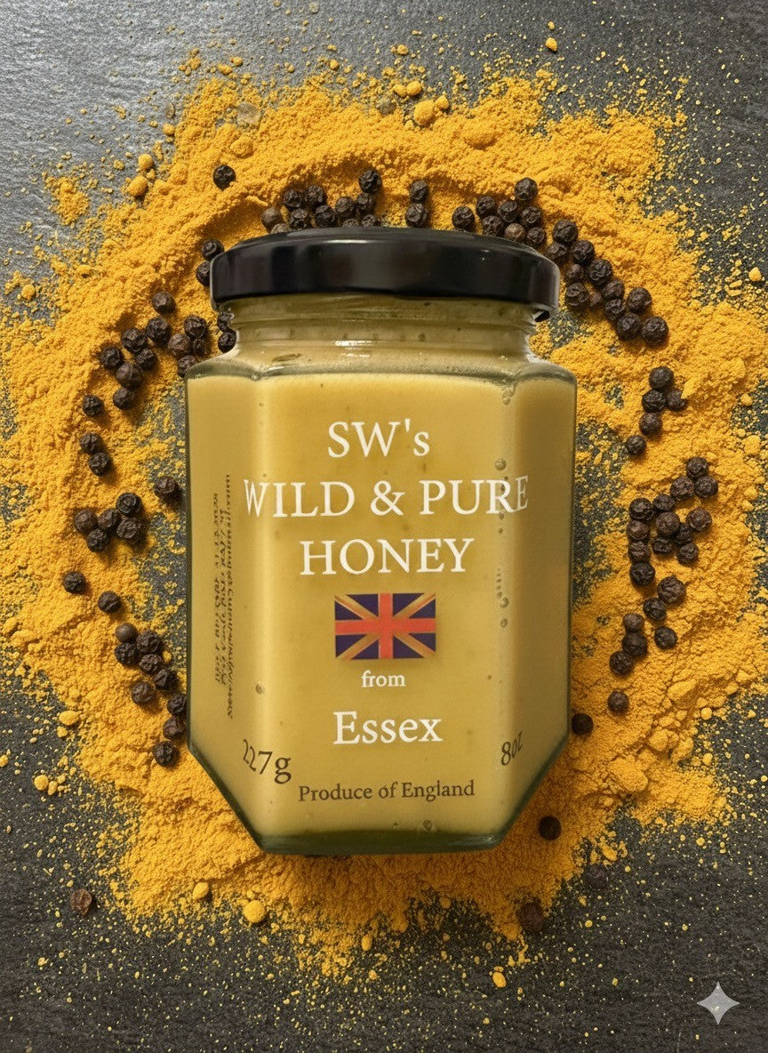 SW's Wild & Pure Honey from Essex - 227g + added Turmeric & black pepper Cold Filtered Unprocessed Natural Product - Perfect for  a daily boost